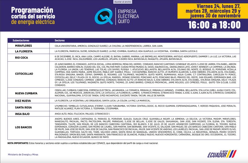 PROGRAMACIÓN CORTES DE LUZ 30 DE NOVIEMBRE