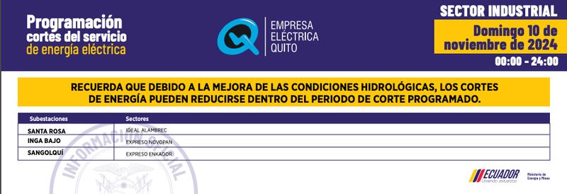 Horarios de cortes de luz para este domingo 10 de noviembre en Quito.