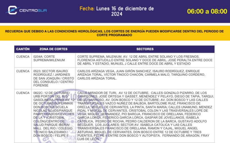 Cuenca: cronograma de apagones de este lunes 16 de diciembre. Imagen: CENTROSUR