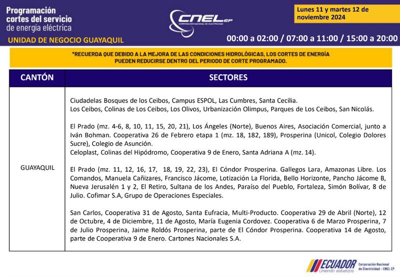 Cortes de luz en Guayaquil el 11 y 12 de noviembre