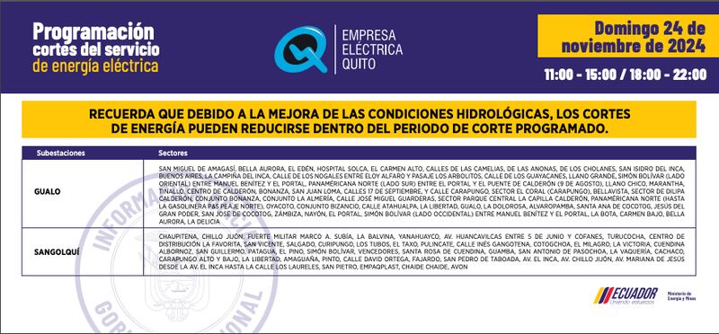 Cortes de luz Quito 24 de noviembre