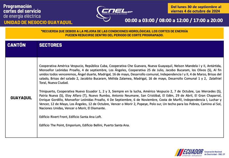 Cortes de luz en Guayaquil hasta el 4 de octubre