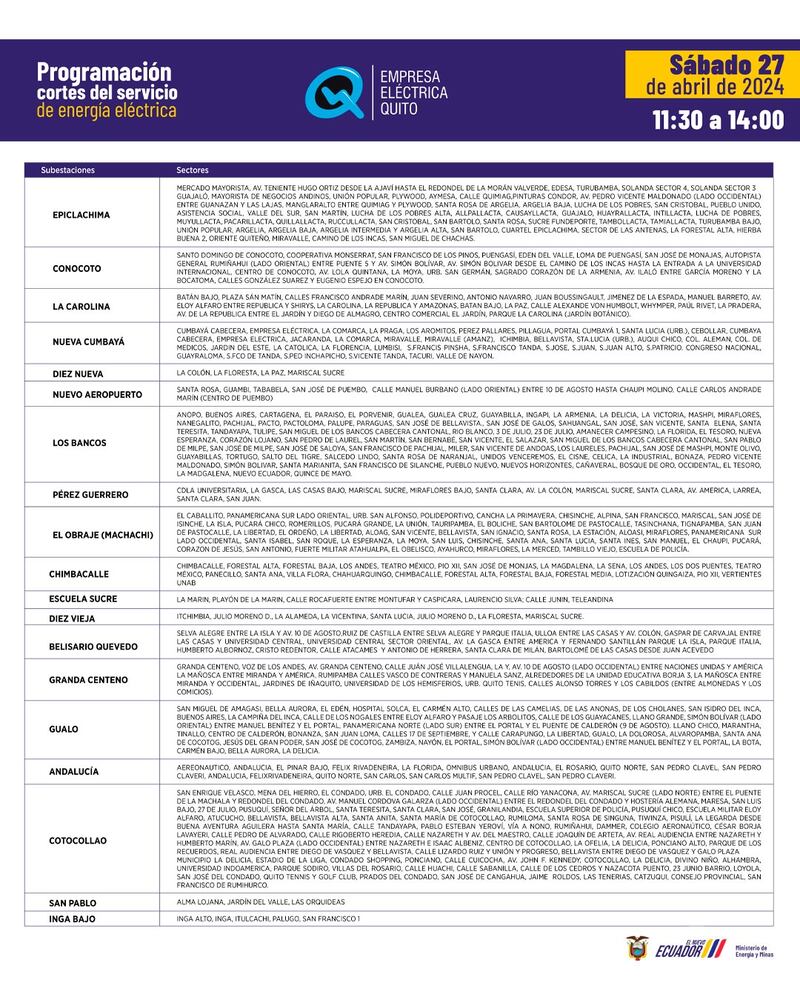 Quito: así quedan los cortes de luz para este sábado 27 de abril.