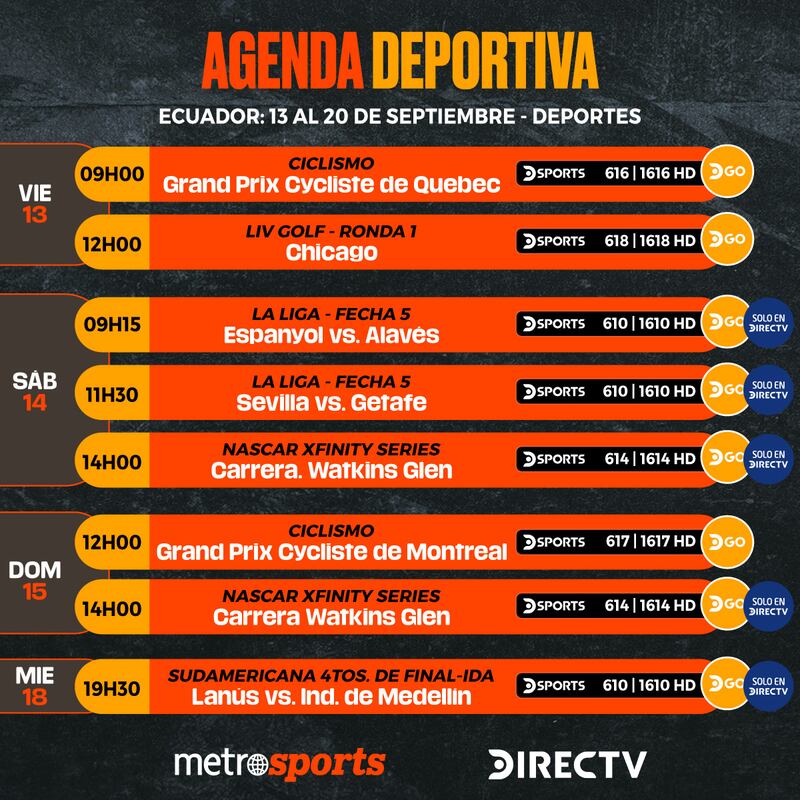Agenda DIRECTV del 13 al 20 de septiembre 2024