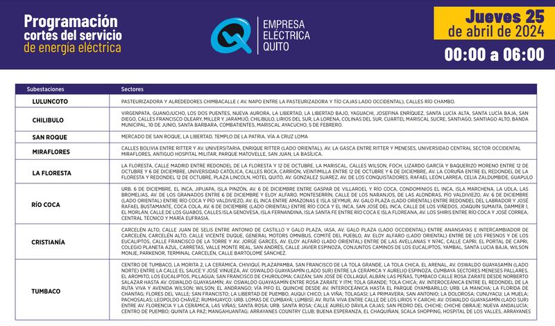 Los sectores de Quito donde los cortes de luz iniciarán a as 00h00 este 25 de abril.