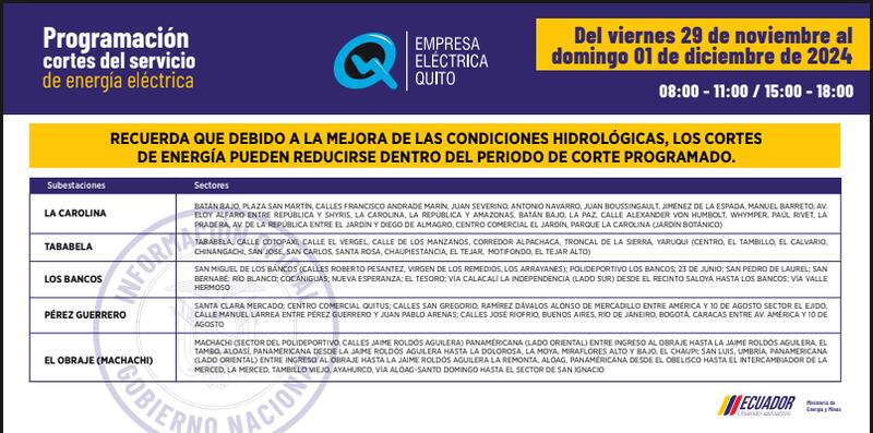 Cortes de luz Quito 30 de noviembre