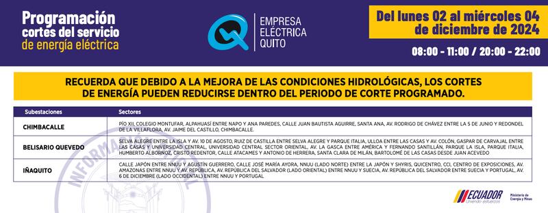 Cortes de luz en Quito del lunes 2 al miércoles 4 de diciembre