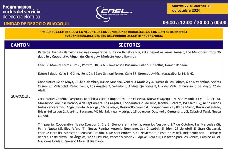 Cortes de luz en Guayaquil del martes 22 al viernes 25 de octubre