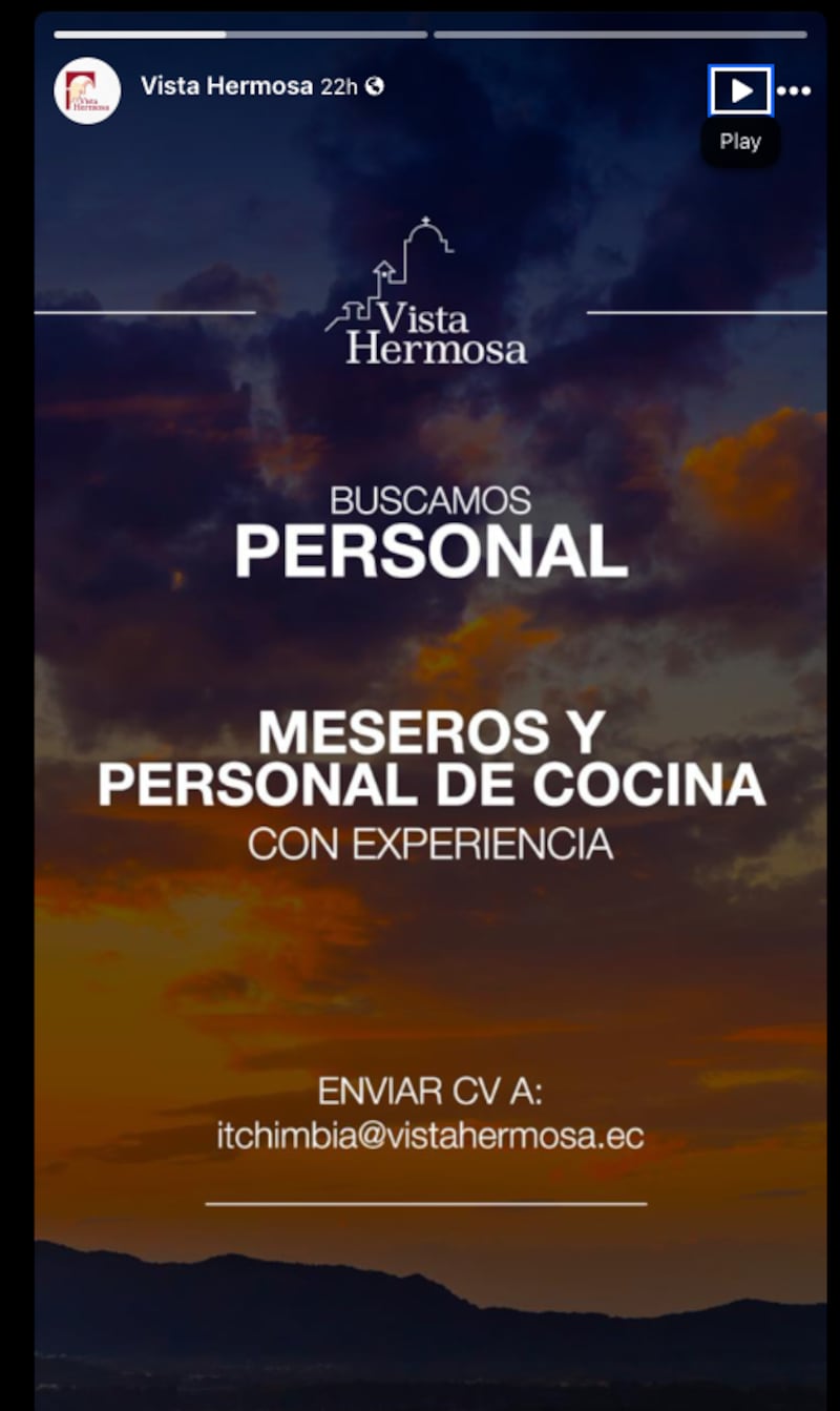 Vacante laboral en el restaurante Vista Hermosa en Quito