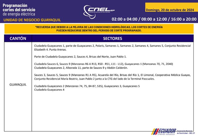 Guayaquil: horarios de cortes de luz para este sábado 19 y domingo 20 de octubre. Imagen: CNEL