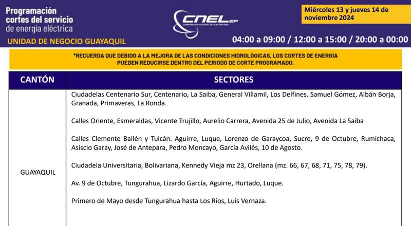 Cortes de luz en Quito 13 y 14 de noviembre