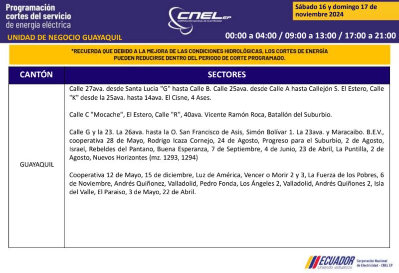 Guayaquil: horarios de cortes de luz de este domingo 17 de noviembre. Imagen: CNEL