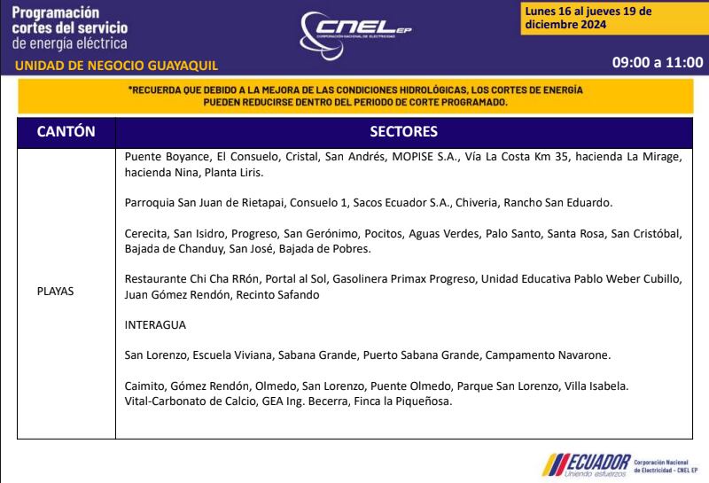Guayaquil: nuevos horarios de apagones de dos horas del 16 al 19 de diciembre. Imagen: CNEL
