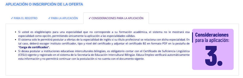 Consideraciones para aplicar - Fuente: Ministerio de Educación