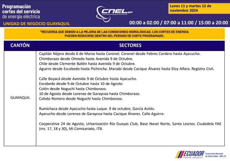 Cortes de luz en Guayaquil el 11 y 12 de noviembre