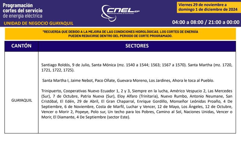 Cortes de luz en Guayaquil hasta el 1 de diciembre