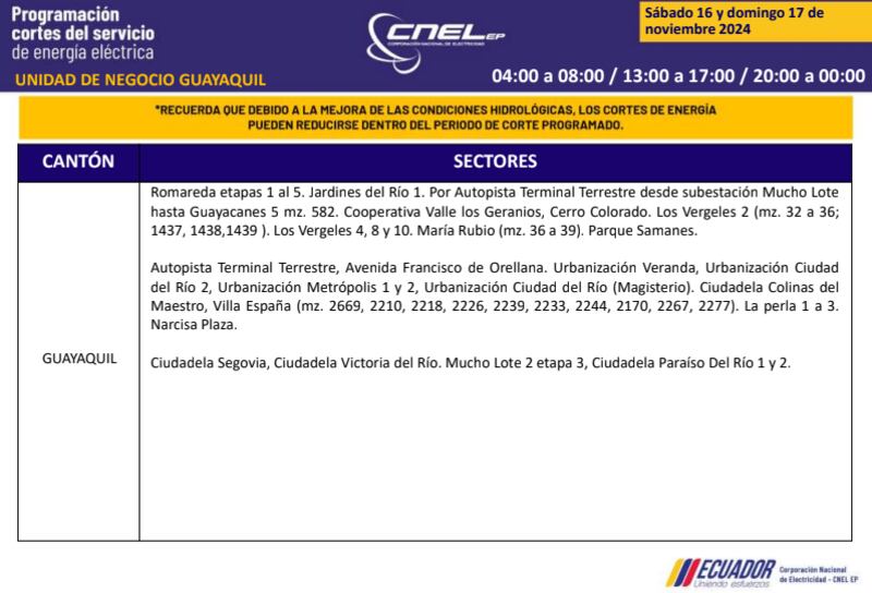 Guayaquil: horarios de cortes de luz de este domingo 17 de noviembre. Imagen: CNEL