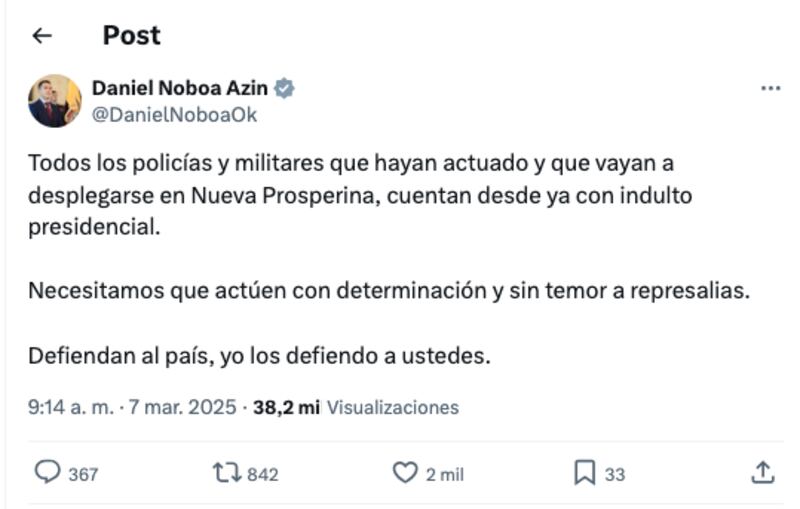 Policías y militares que se desplieguen en Nueva Prosperina tiene indulto presidencial