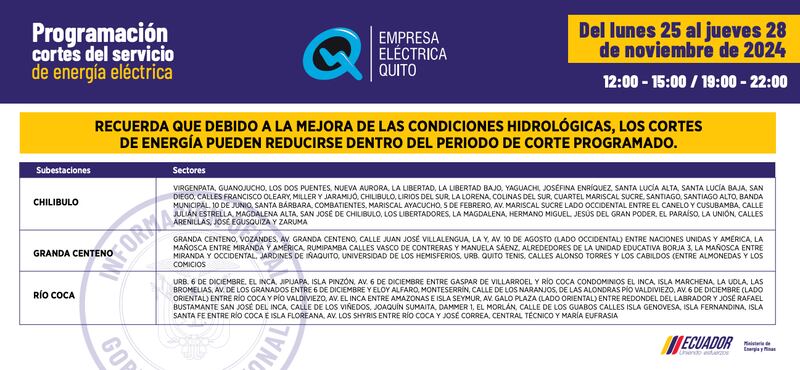 Cortes de luz en Quito del 25 al 28 de noviembre