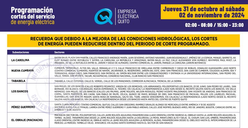 Cortes de luz del 31 de octubre al 2 de noviembre en Quito