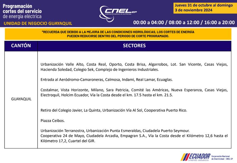Cortes de luz en Guayaquil del 31 de octubre al 3 de noviembre