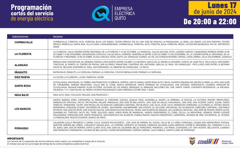 Quito: horarios y sectores donde habrá cortes de luz hasta las 22h00 este lunes 17 de junio