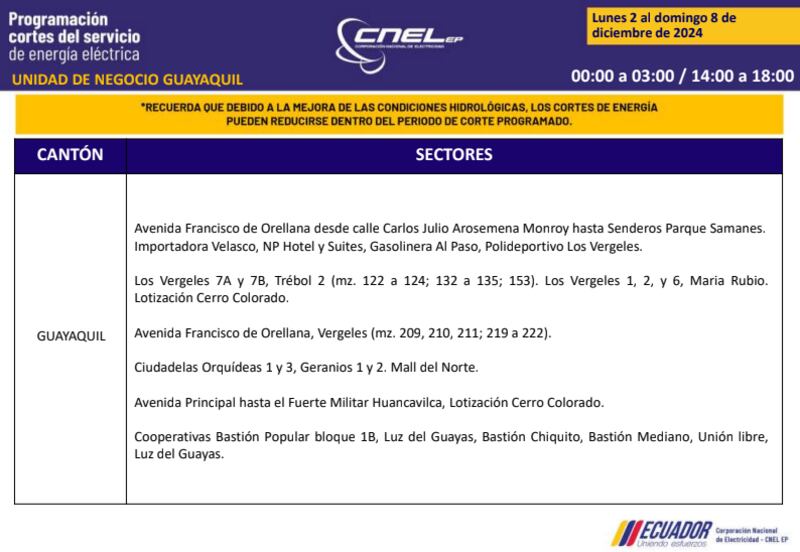 Guayaquil: revise los horarios de cortes de luz del 2 al 8 de diciembre. Imagen: CNEL