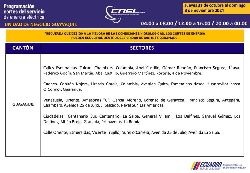 Cortes de luz en Guayaquil del 31 de octubre al 3 de noviembre