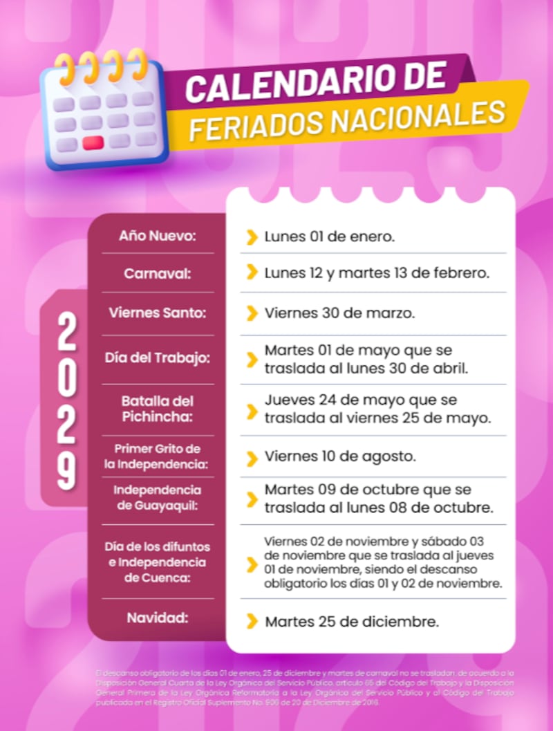 Feriados en Ecuador 2029