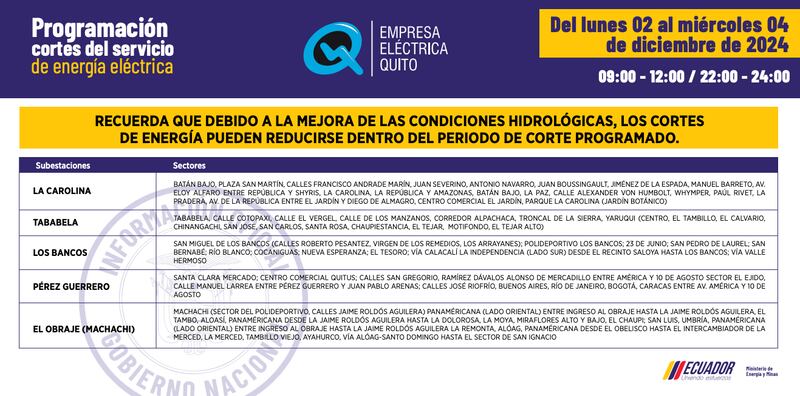 Cortes de luz en Quito del lunes 2 al miércoles 4 de diciembre