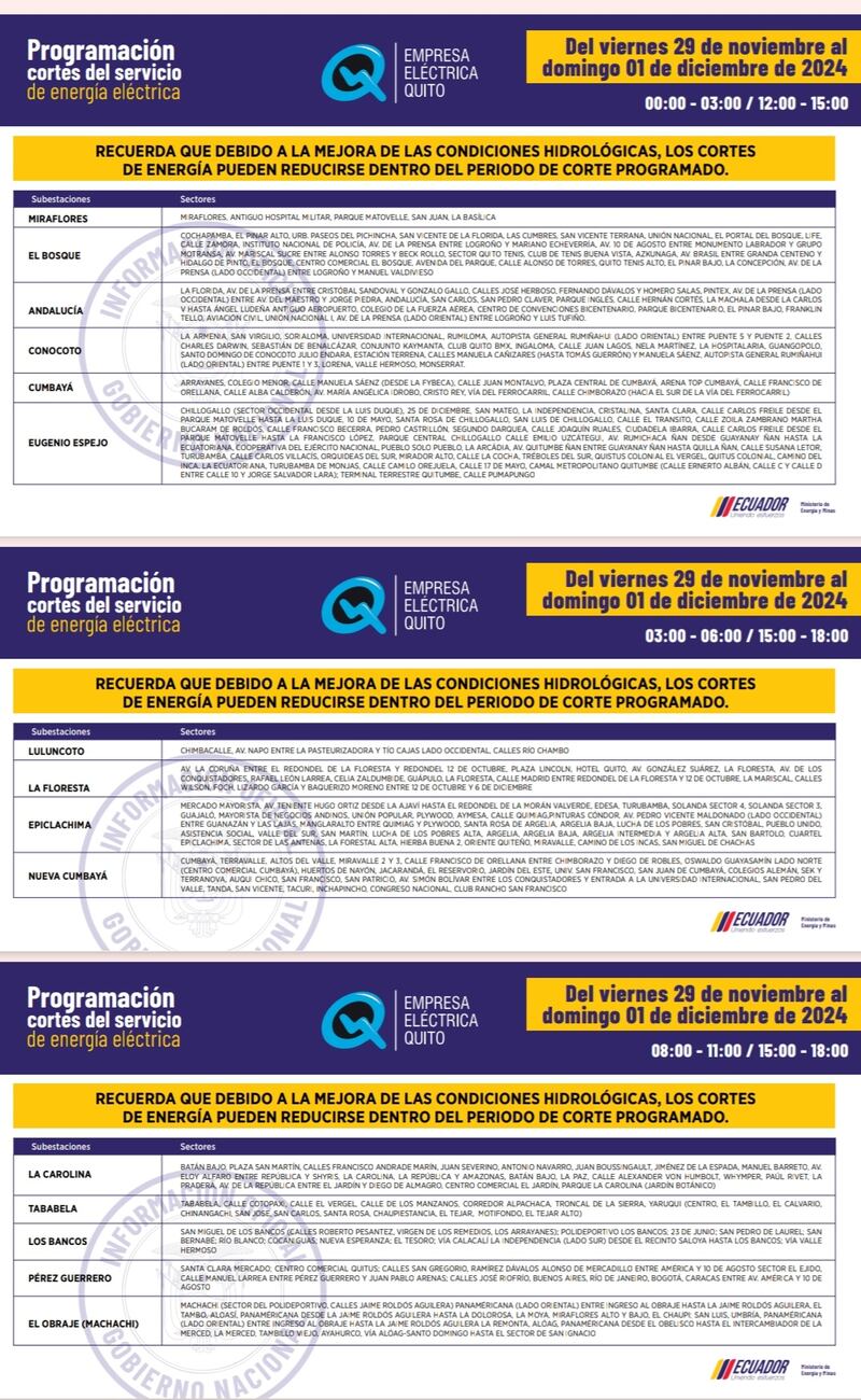 Cortes de luz en Quito del 29 y 30 de noviembre y 01 de diciembre