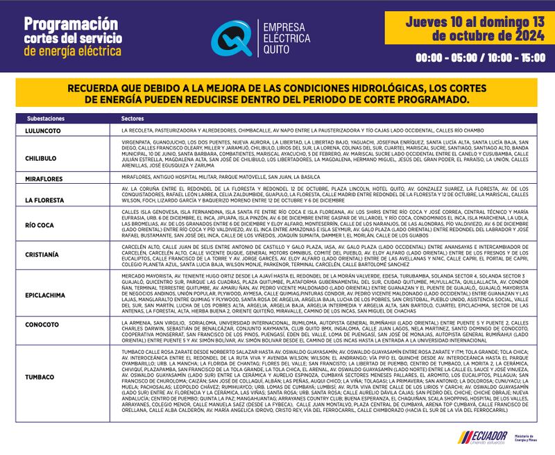 Cortes de luz en Quito del 10 al 13 de octubre