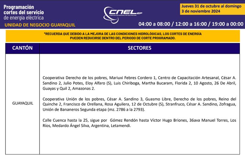 Cortes de luz en Guayaquil del 31 de octubre al 3 de noviembre