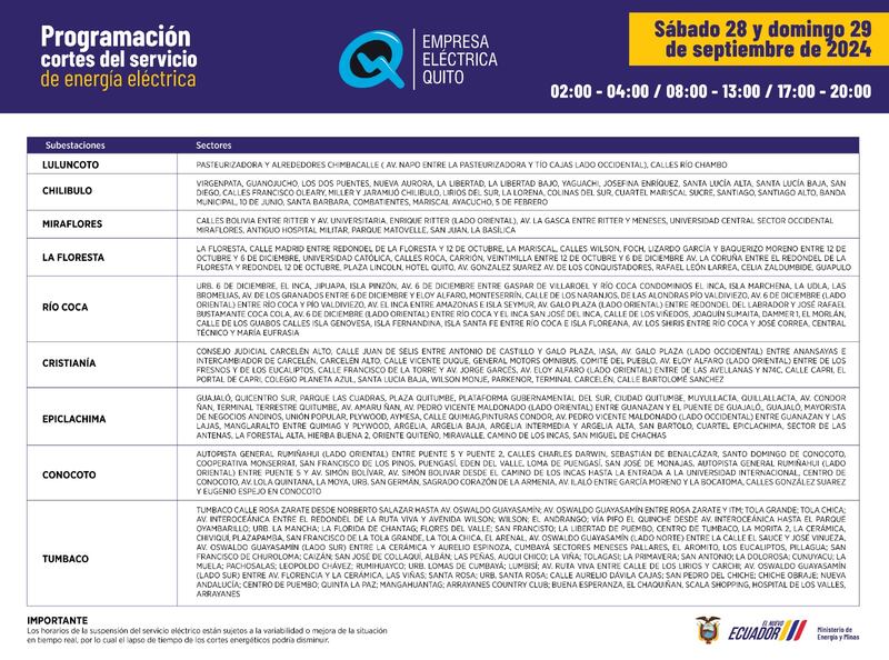 Nuevos horarios de cortes de luz para Quito