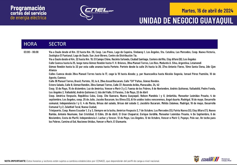 Horarios y sectores para cortes de luz en Quito