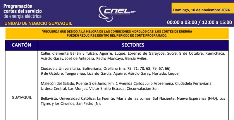 Cortes de luz en Guayaquil el 10 de noviembre