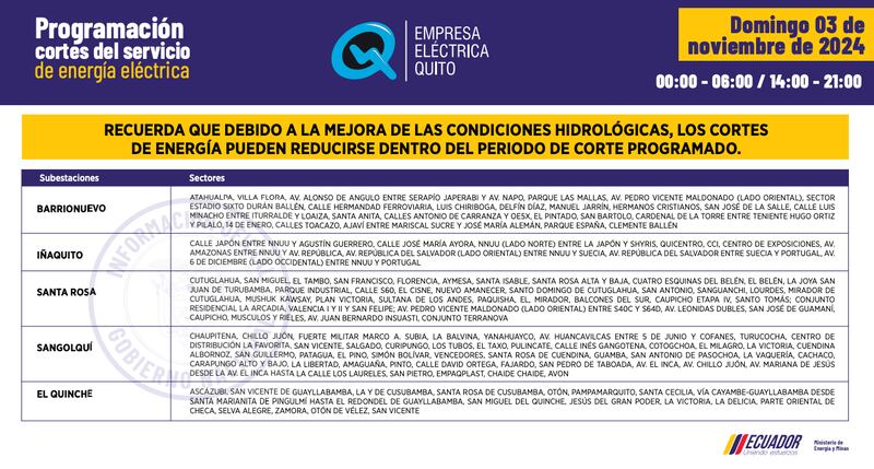 Quito: horarios de cortes de luz del 28 de octubre al 3 de noviembre. Imagen: EEQ