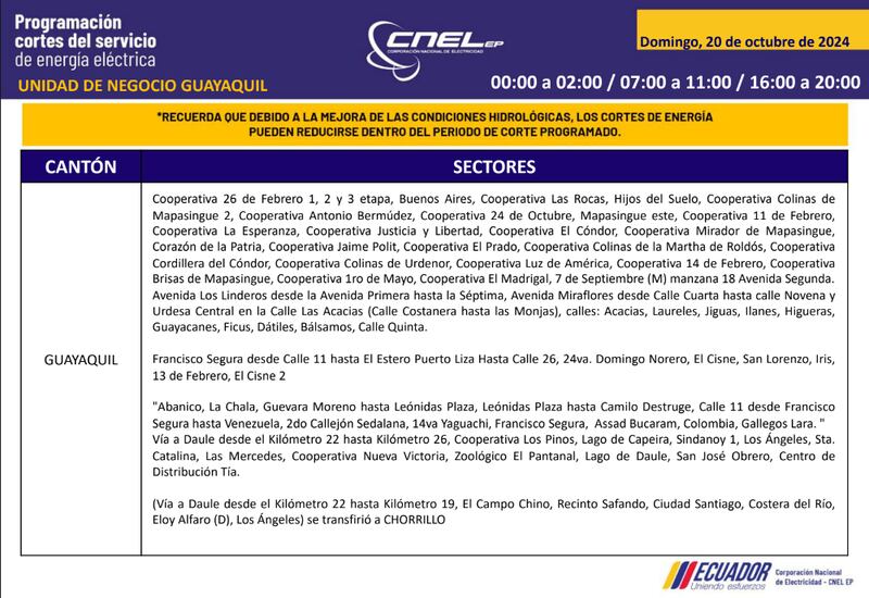 Guayaquil: horarios de cortes de luz para este sábado 19 y domingo 20 de octubre. Imagen: CNEL