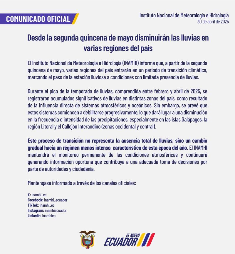 INAMHI anuncia inicio de transición climática en Ecuador