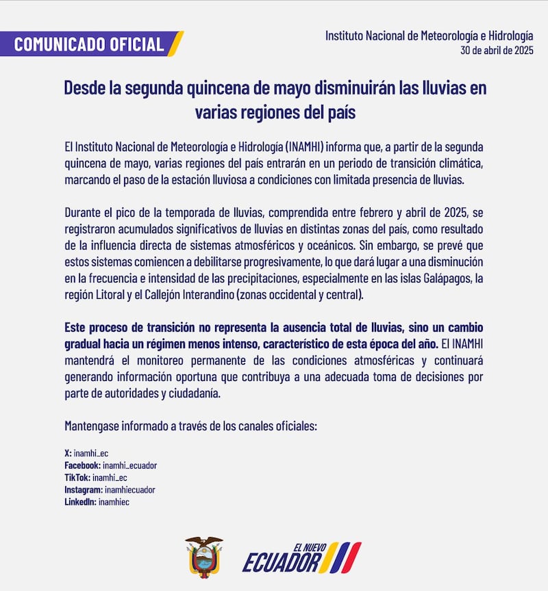 INAMHI anuncia inicio de transición climática en Ecuador