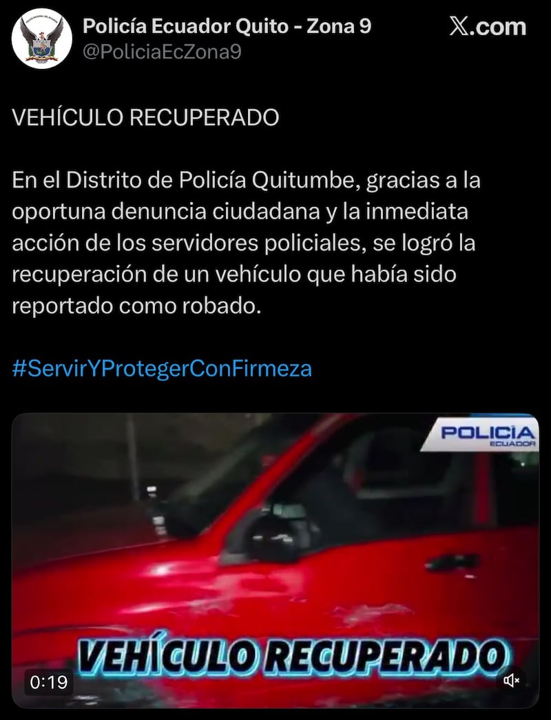 Así fue como ciudadano dio con su vehículo luego de que se lo robaron en La Libertad, en Quito