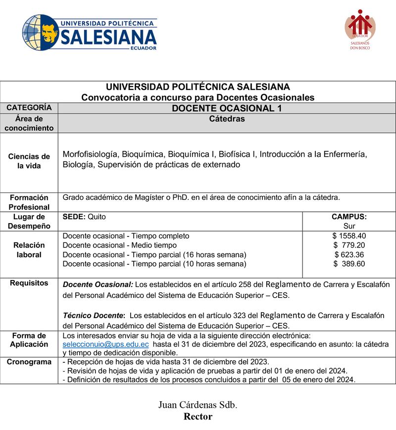 Convocatoria a concurso para Docentes Ocasionales de la Universidad Politécnica Salesiana