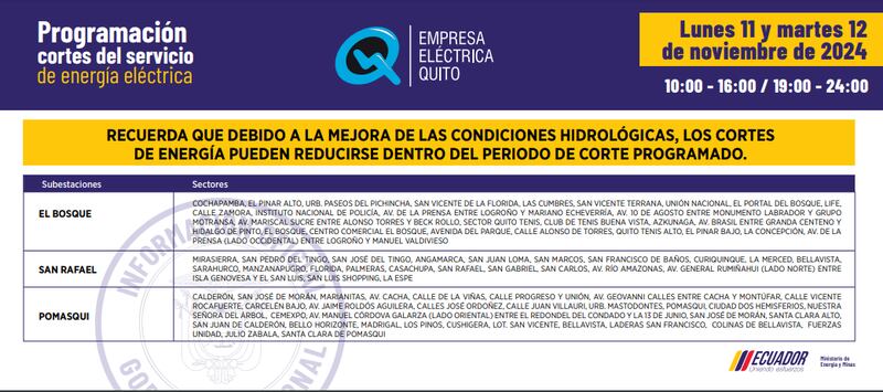 Cortes de luz en Quito 11 y 12 de noviembre