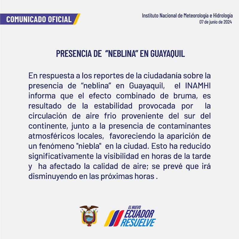 INAMHI explica por qué se formó una especie de neblina en Guayaquil