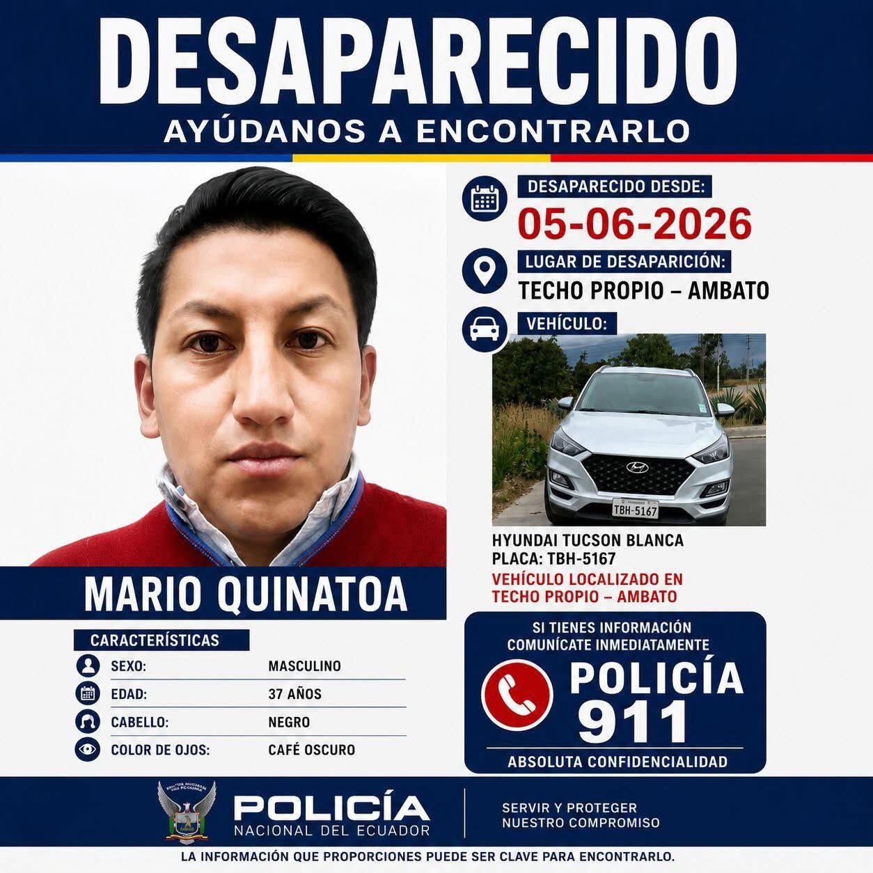 Mario Quinatoa salió de un evento deportivo y desapareció en Ambato: rastros de sangre fueron hallados en su auto 