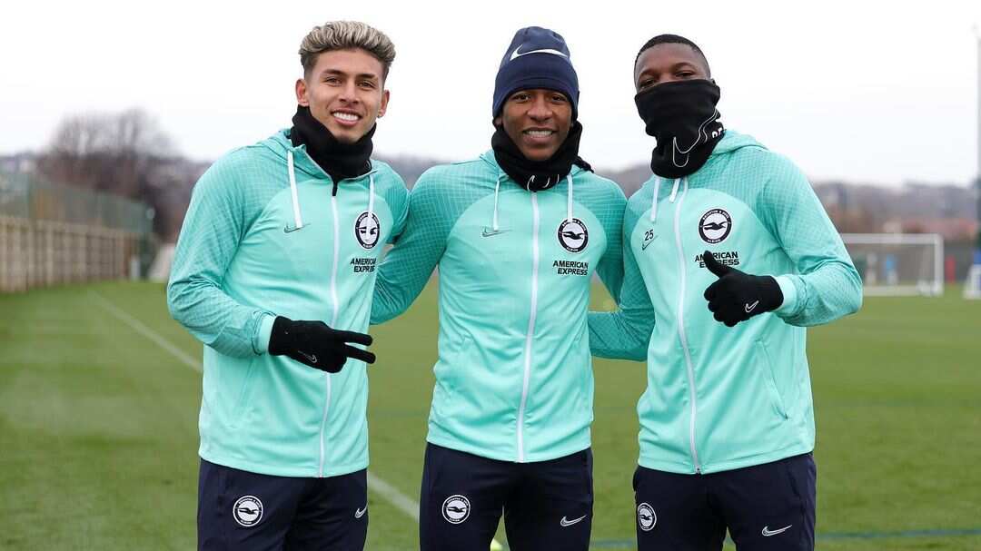 Jeremy Sarmiento, Pervis Estupiñán y Moisés Caicedo en el entrenamiento del Brighton