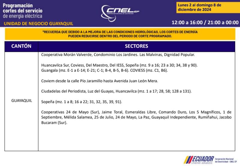 Guayaquil: revise los horarios de cortes de luz del 2 al 8 de diciembre. Imagen: CNEL