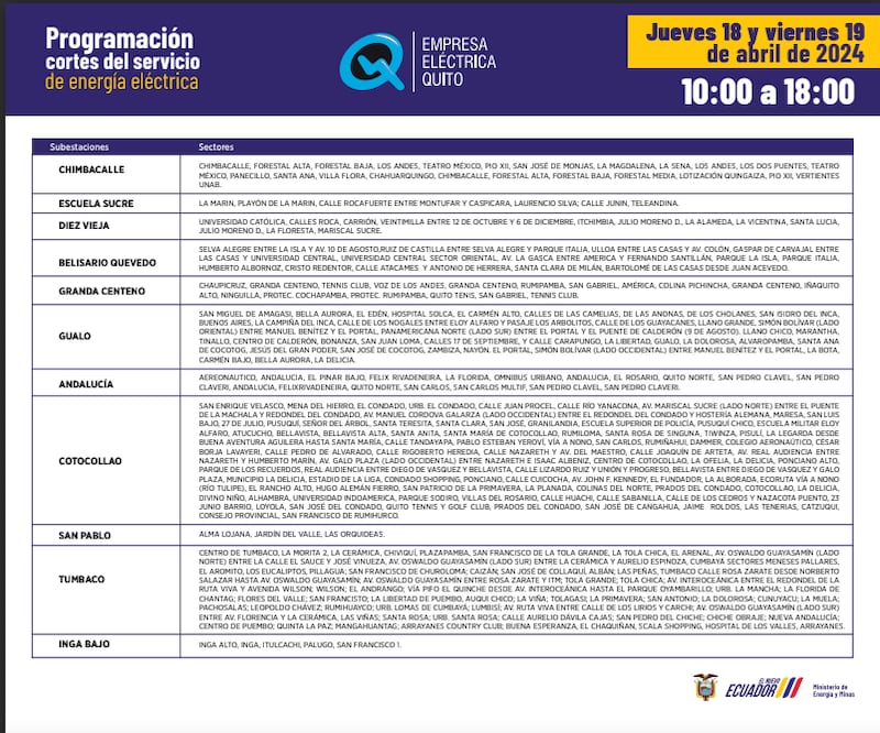 Quito: Cortes de luz para el 18 y 19 de abril serán de ocho horas