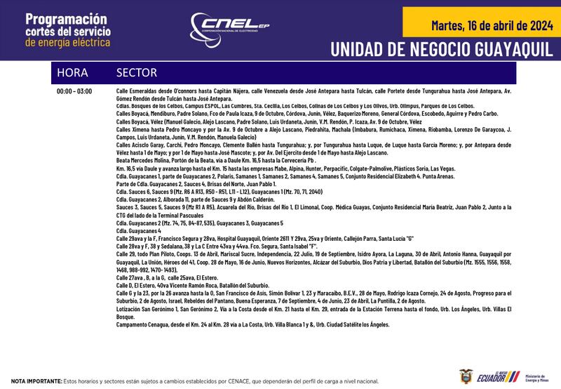 Horarios y sectores para cortes de luz en Quito