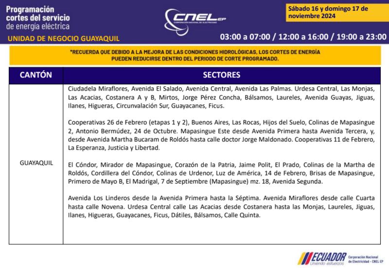 Guayaquil: horarios de cortes de luz de este domingo 17 de noviembre. Imagen: CNEL